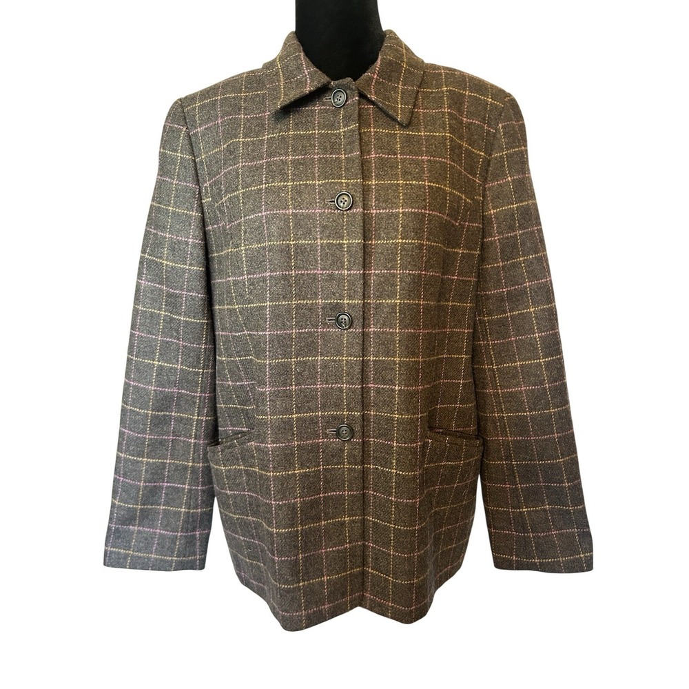 Lands' End Window Pane Plaid Wool Blazer Jacket Coat Size 12